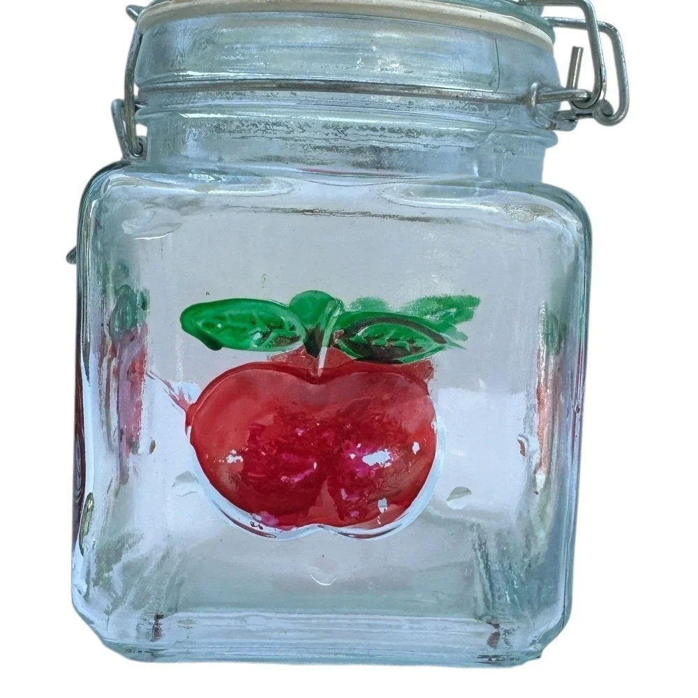 Red Apple Glass Canister Set of 3 Square Jars Vintage Locking Lids Farmhouse